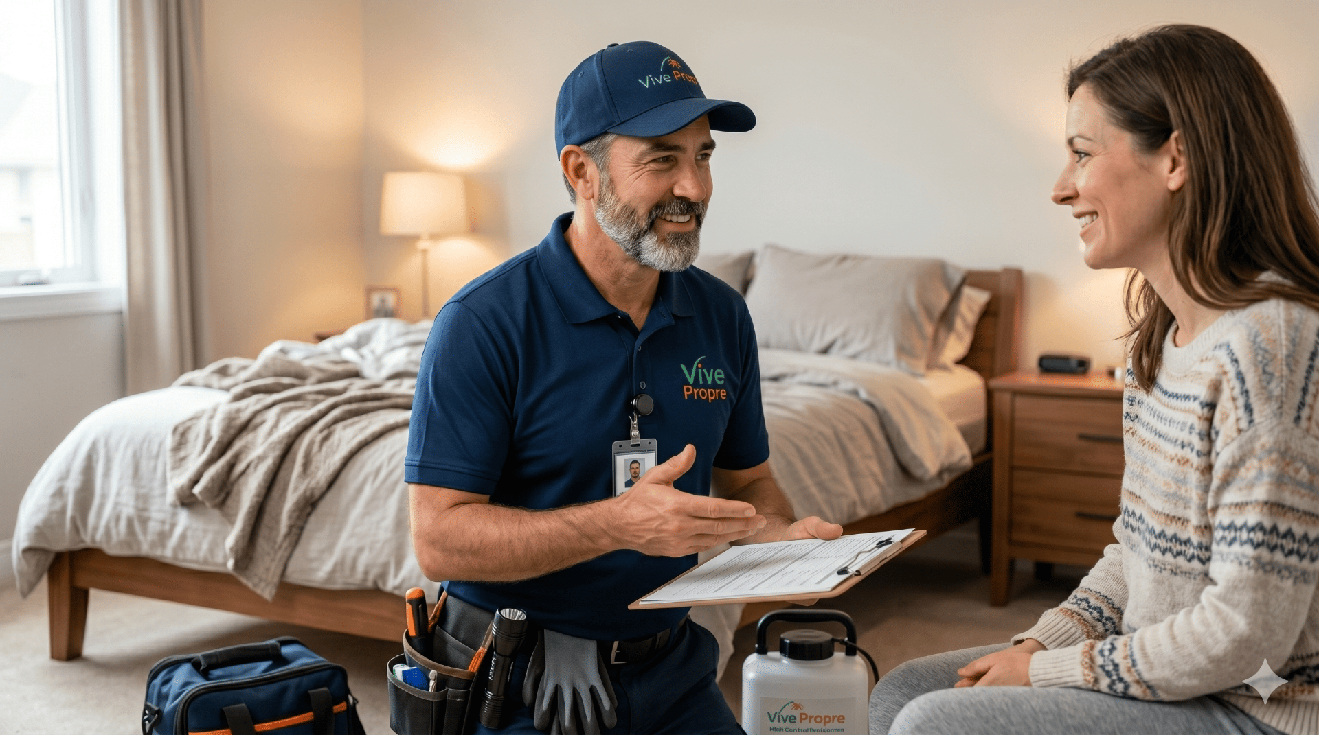 Technicien Extermination Vive Propre certifié rencontrant une cliente pour une inspection à domicile